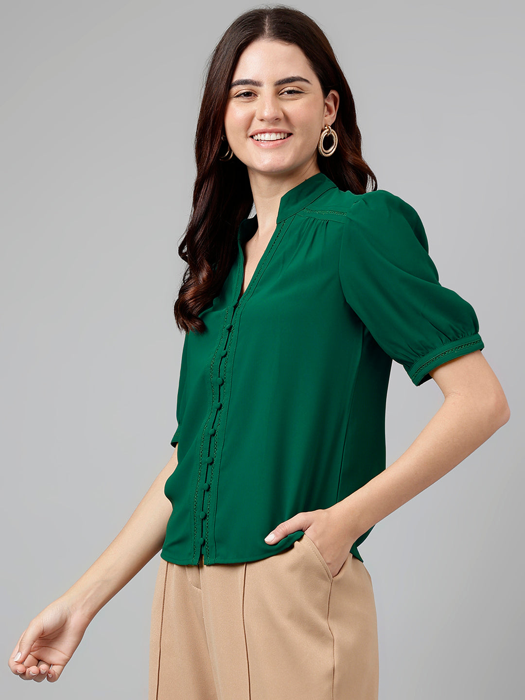 Green Solid Polyester Top