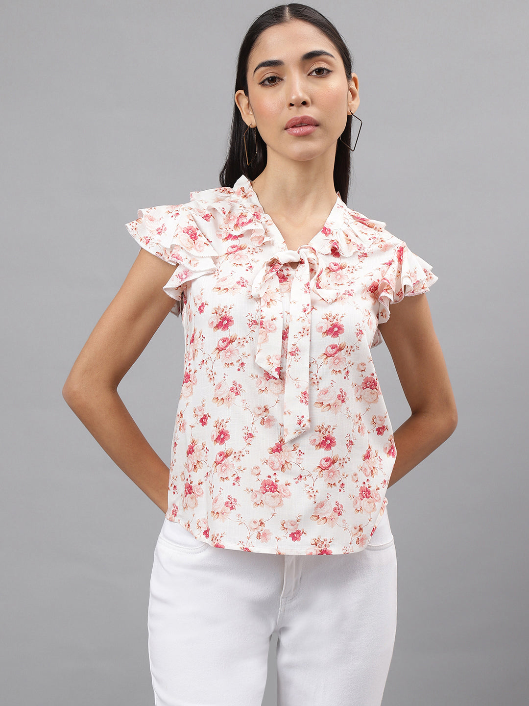 Pink Cap Sleeve Tie Up Neck Floral Print Blouse Top