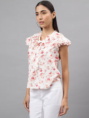 Pink Cap Sleeve Tie Up Neck Floral Print Blouse Top