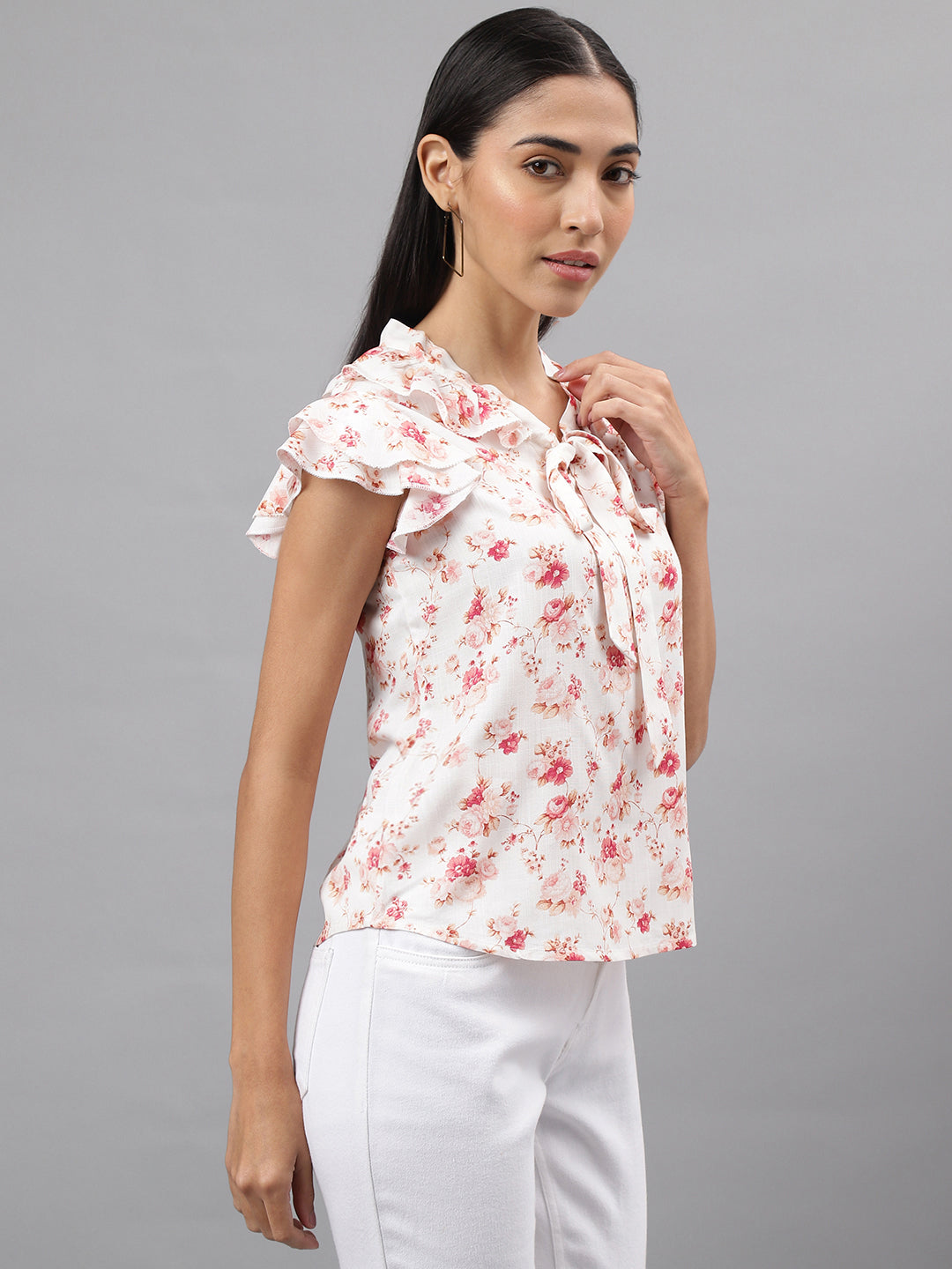 Pink Cap Sleeve Tie Up Neck Floral Print Blouse Top