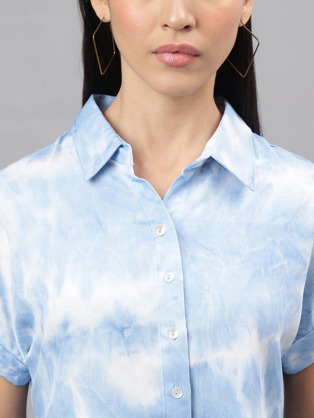 Blue Cap Sleeve Collar Neck Printed Crop Blouse