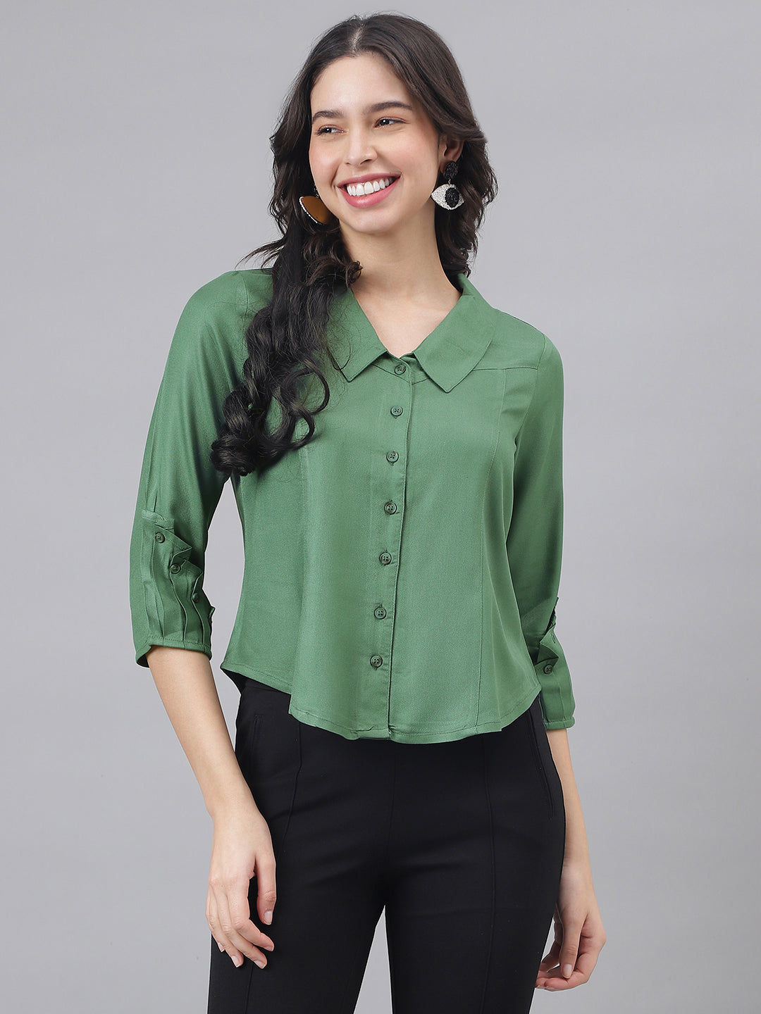 Green 3/4 Sleeve Shirt Collar Women Solid Top