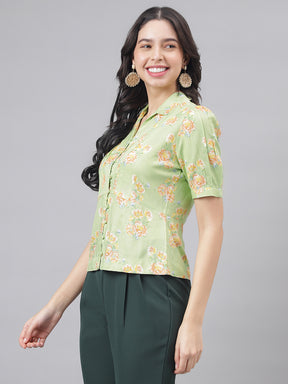 Green Half Sleeve Shirt Collar Women Floral Top