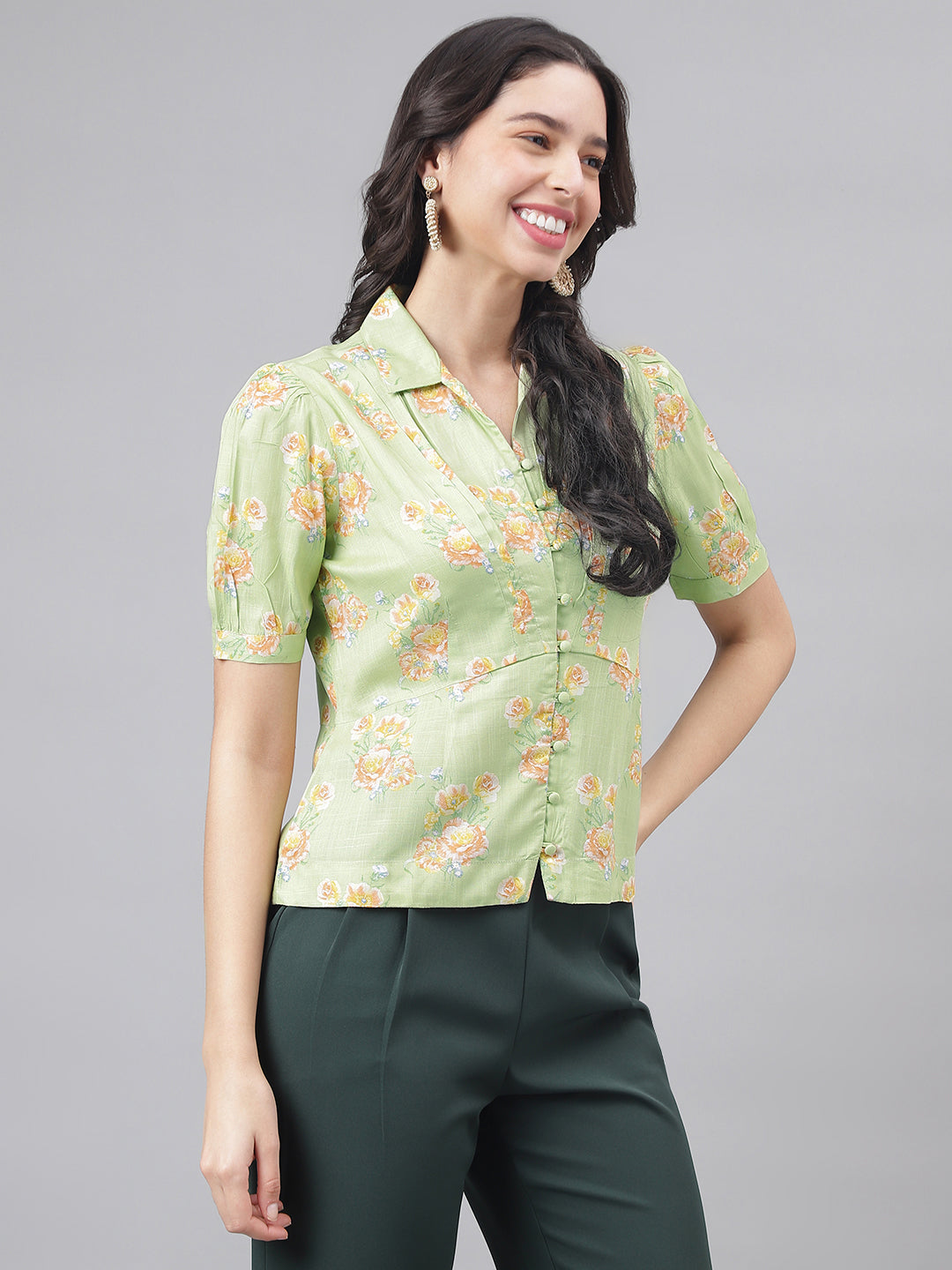 Green Half Sleeve Shirt Collar Women Floral Top