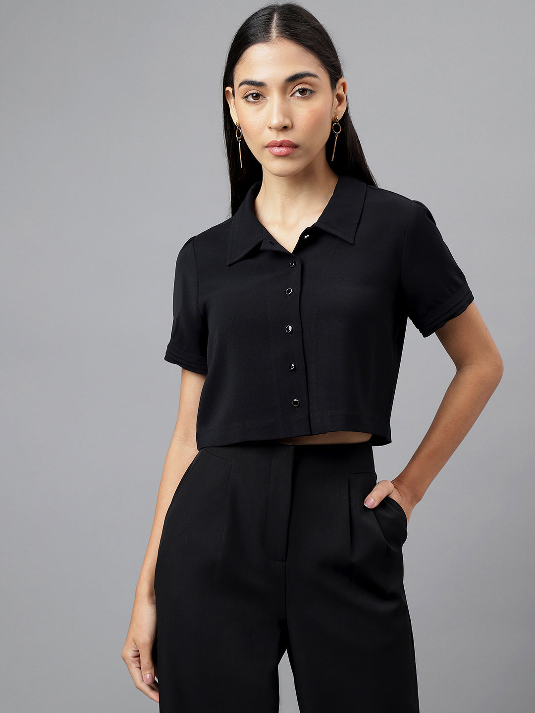 Women Black Half Sleeve Collar Neck Solid Short Blouse