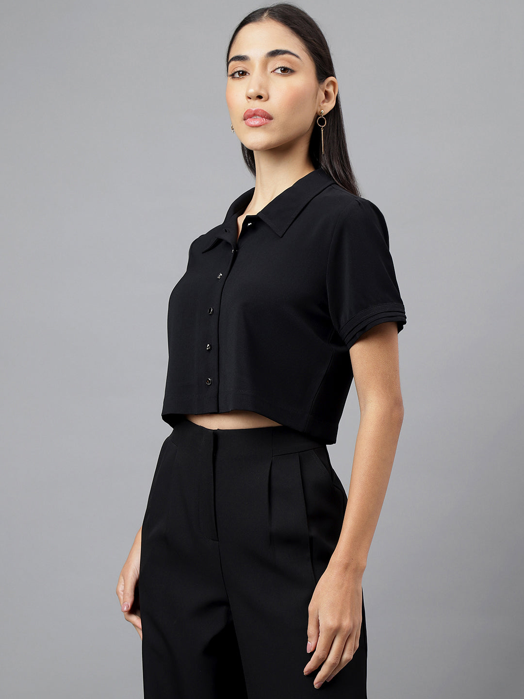 Women Black Half Sleeve Collar Neck Solid Short Blouse