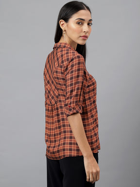 Brown Half Sleeve Collar Neck Check Blouse Top