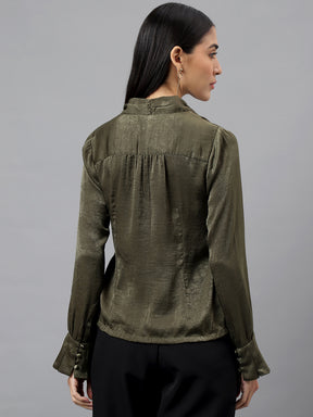 Green Full Sleeve V-Neck Solid Blouse Top