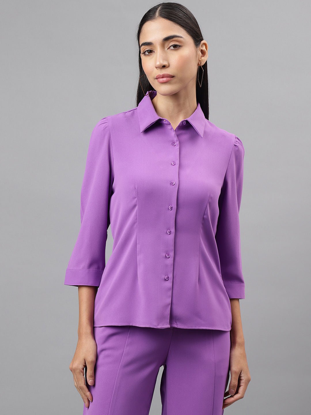Women Lavender 3/4 Sleeve Collar Neck Solid Long Blouse