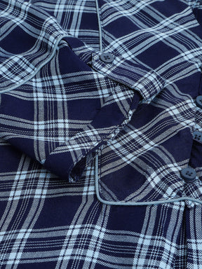 Blue Navy 3/4 Sleeve V-Neck Check Shirt Blouse
