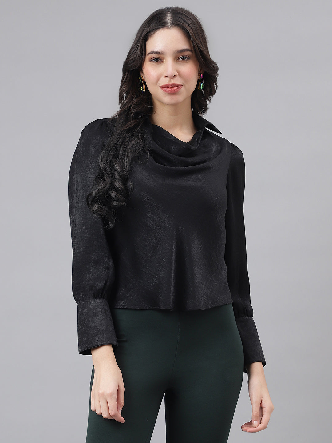 Black Full Sleeve Round Neck Women Solid Top