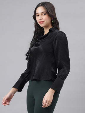 Black Full Sleeve Round Neck Women Solid Top