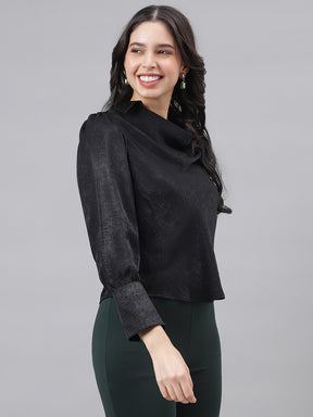 Black Full Sleeve Round Neck Women Solid Top
