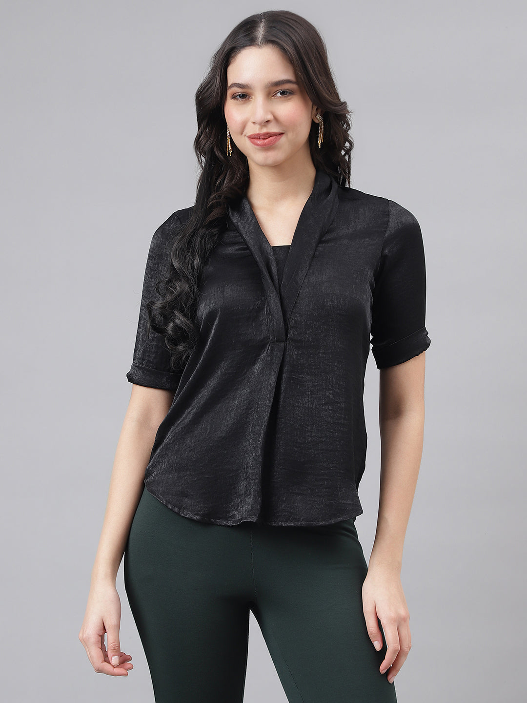 Black Half Sleeve V-Neck Women Solid Top