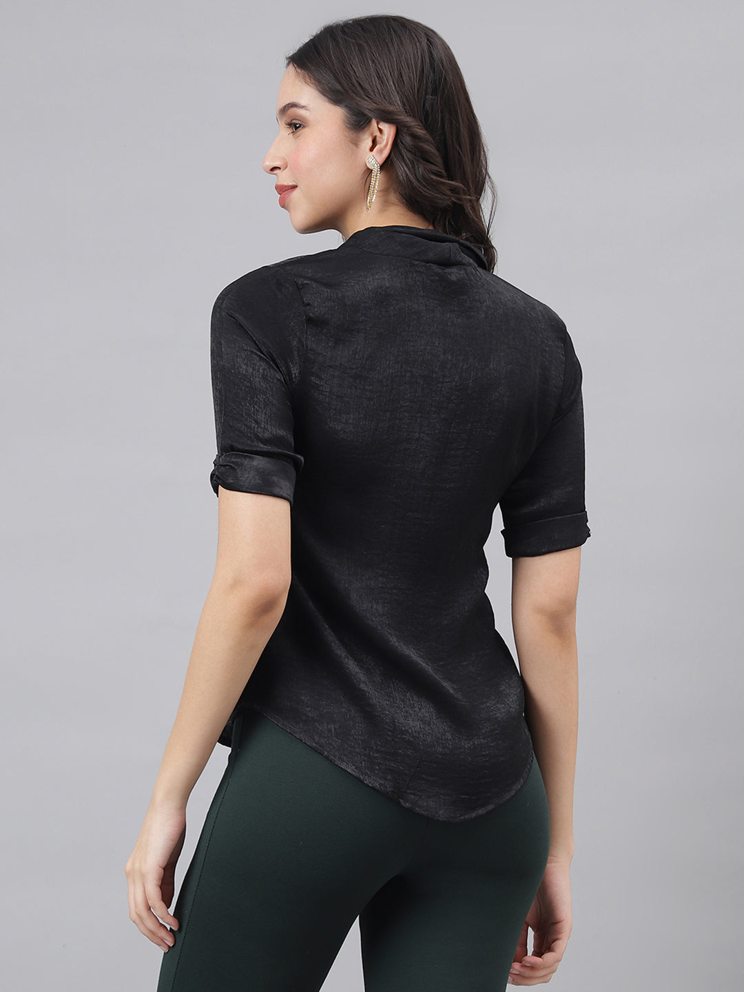 Black Half Sleeve V-Neck Women Solid Top