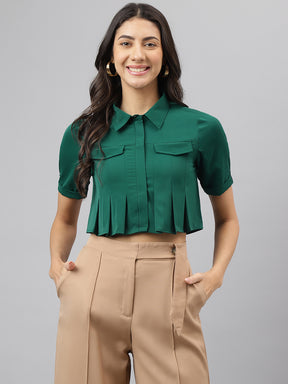 Green Solid Short Sleeve Casual Top