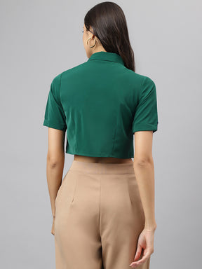 Green Solid Short Sleeve Casual Top