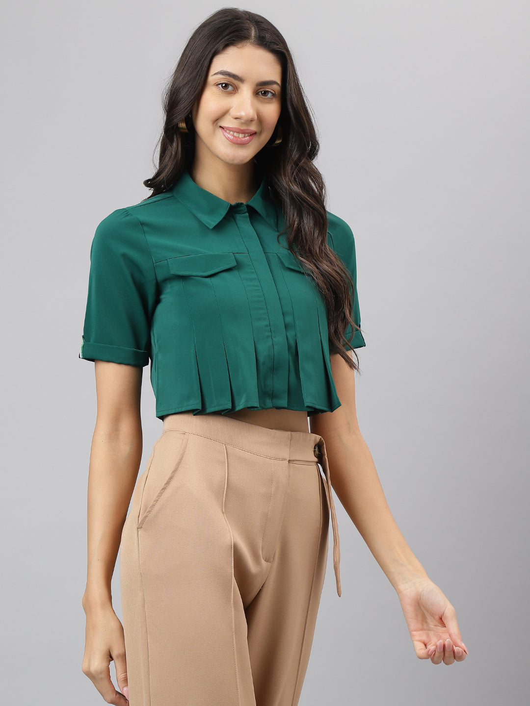 Green Solid Short Sleeve Casual Top