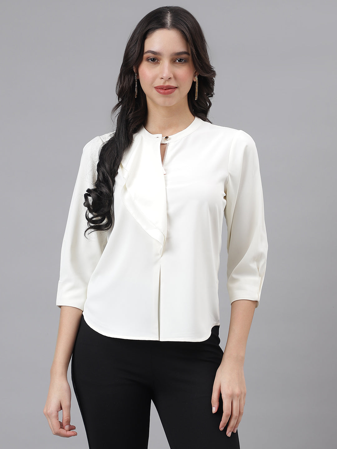 Ivory 3/4 Sleeve Mandarin Collar Women Solid Top