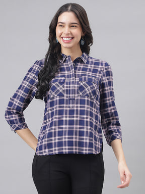 Blue Navy 3/4 Sleeve Shirt Collar Women Checked Top