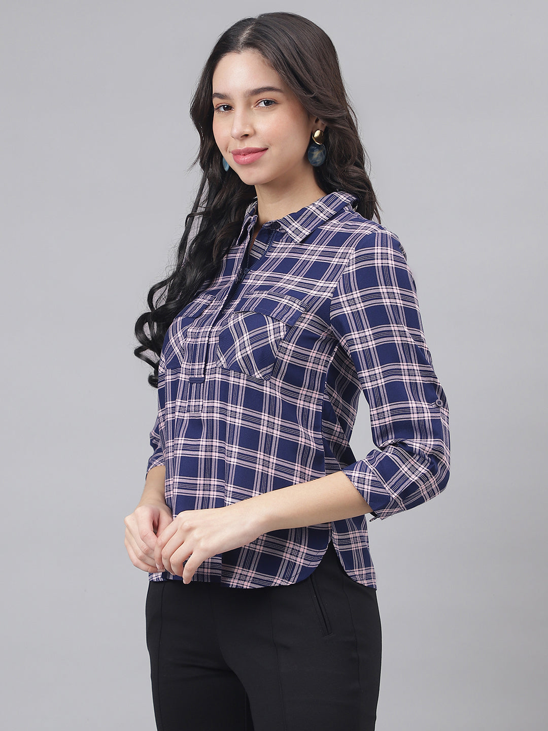 Blue Navy 3/4 Sleeve Shirt Collar Women Checked Top