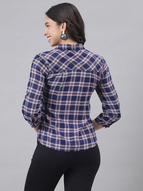 Blue Navy 3/4 Sleeve Shirt Collar Women Checked Top