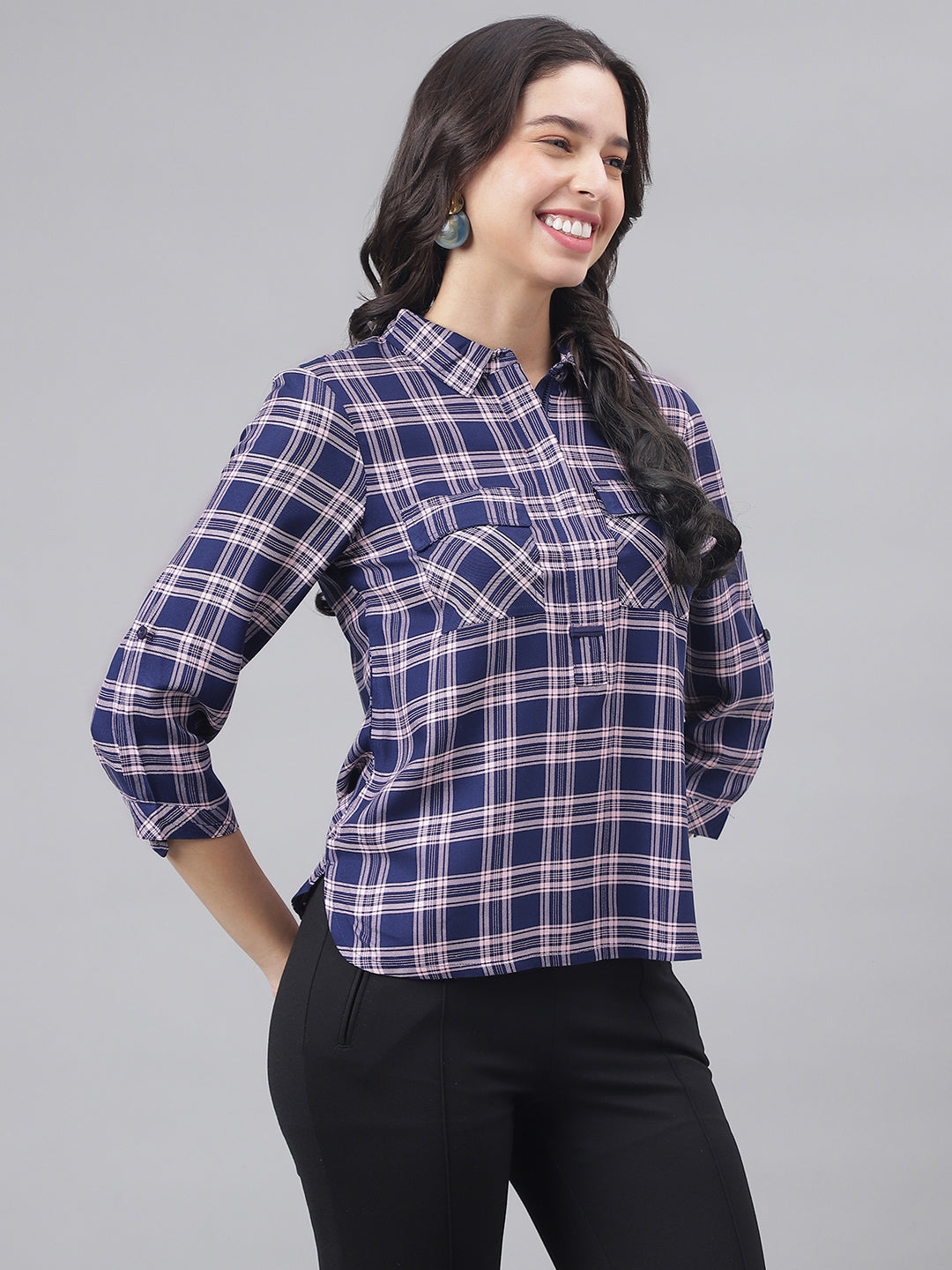 Blue Navy 3/4 Sleeve Shirt Collar Women Checked Top