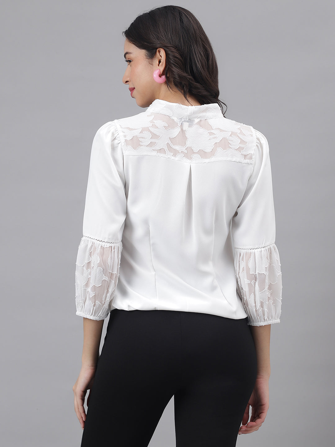 Latin Quarters Women White Tie Up Neck 3/4 Sleeves Solid Top