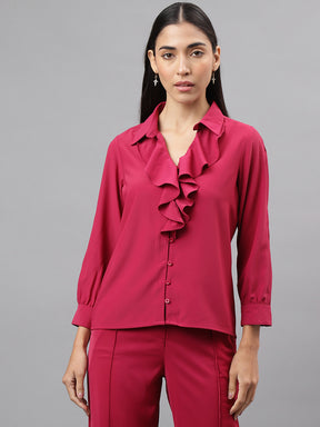 Women Pink Full Sleeve Ruffle Neck Solid Blouse