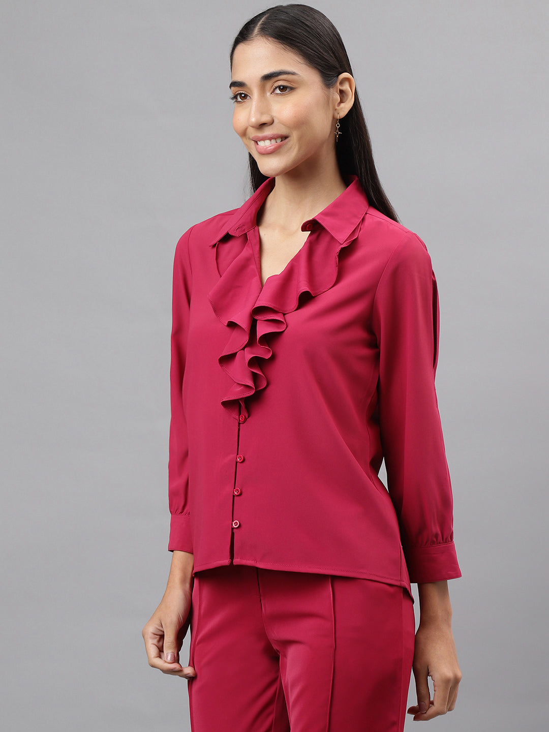 Women Pink Full Sleeve Ruffle Neck Solid Blouse