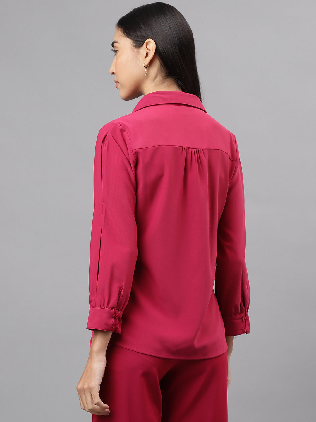 Women Pink Full Sleeve Ruffle Neck Solid Blouse