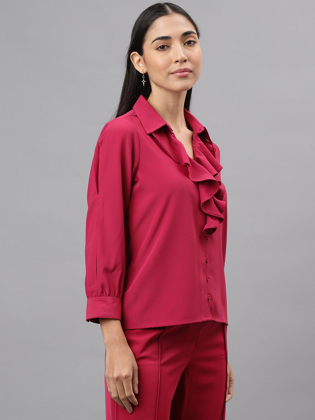 Women Pink Full Sleeve Ruffle Neck Solid Blouse