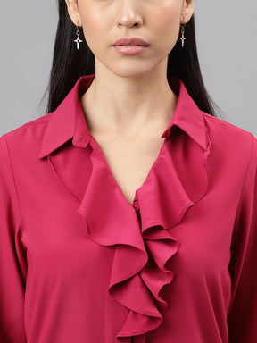 Women Pink Full Sleeve Ruffle Neck Solid Blouse