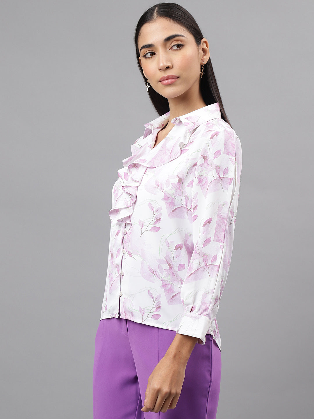 Purple Full Sleeve Ruffle Neck Floral Print Shirt Blouse