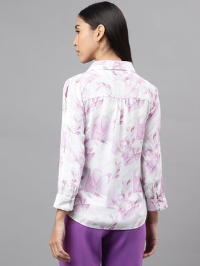 Purple Full Sleeve Ruffle Neck Floral Print Shirt Blouse