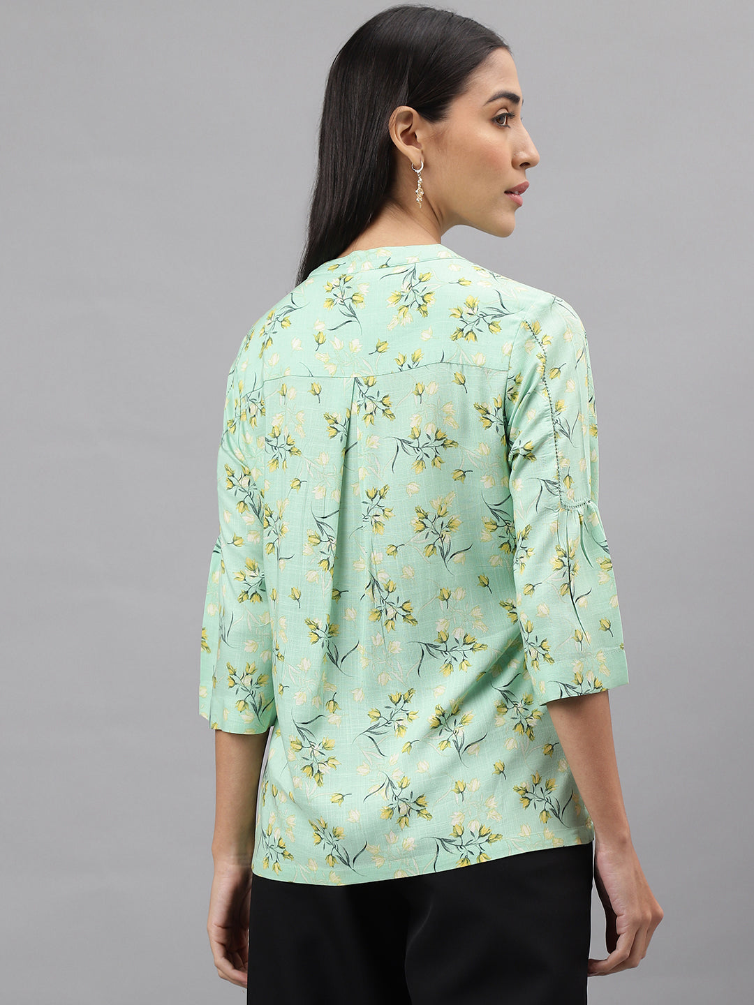 Green 3/4 Sleeve Round Neck Floral Print Blouse Top