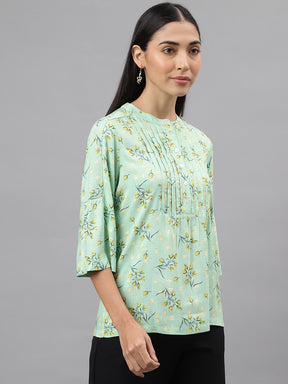 Green 3/4 Sleeve Round Neck Floral Print Blouse Top