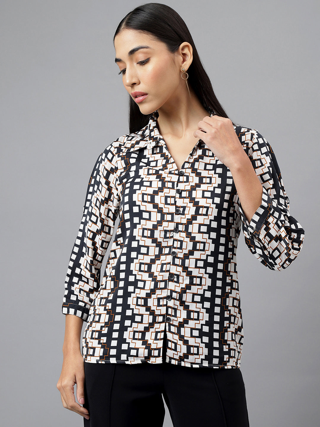 Black Full Sleeve Collar Neck Geometry Print Printed Shirt Blouse