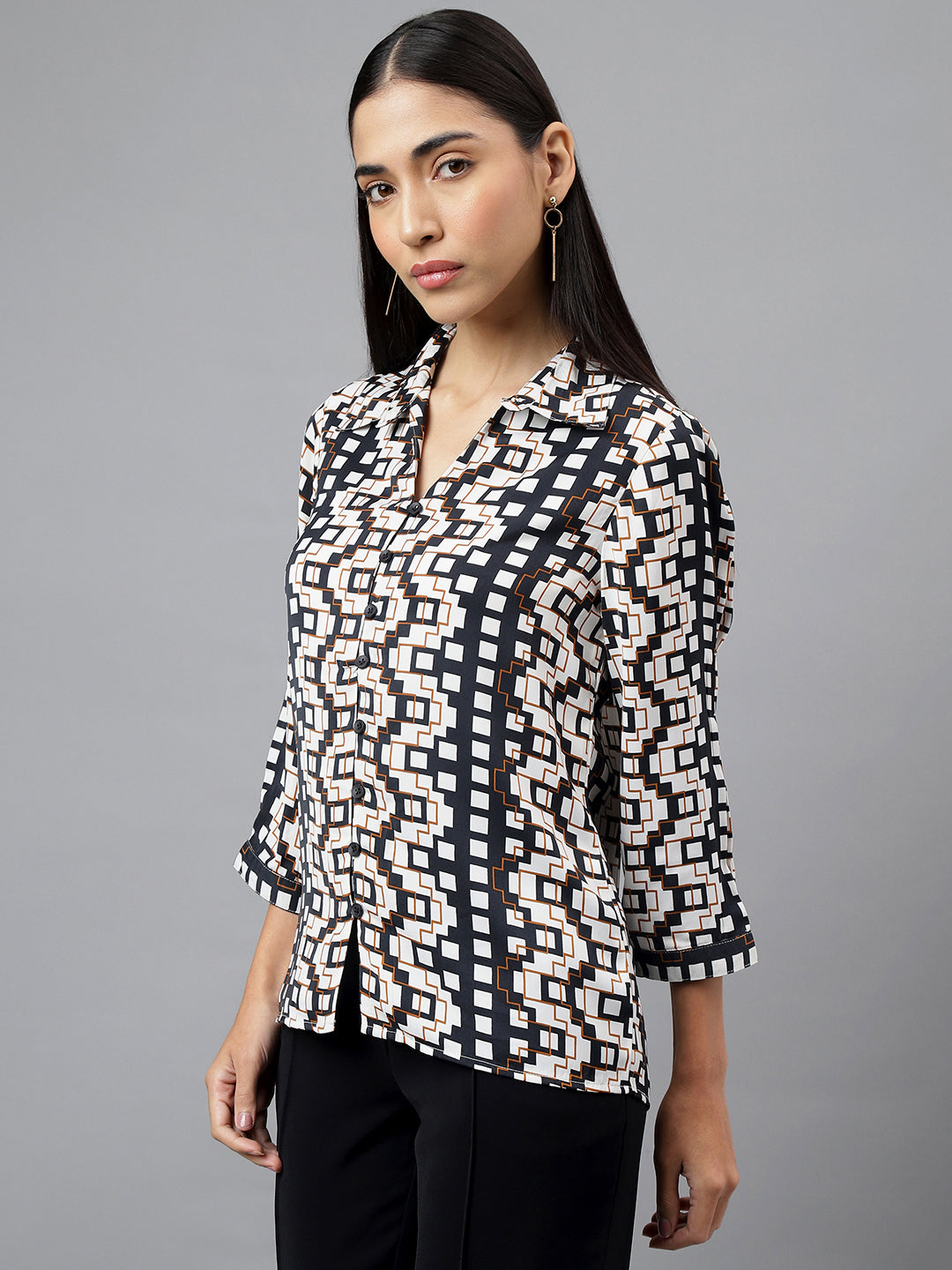 Black Full Sleeve Collar Neck Geometry Print Printed Shirt Blouse