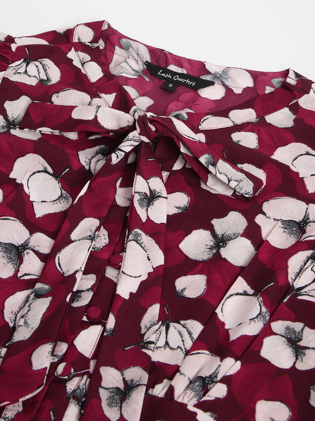 Maroon Half Sleeves Tie-Up Neck Floral Top For Casual Wear
