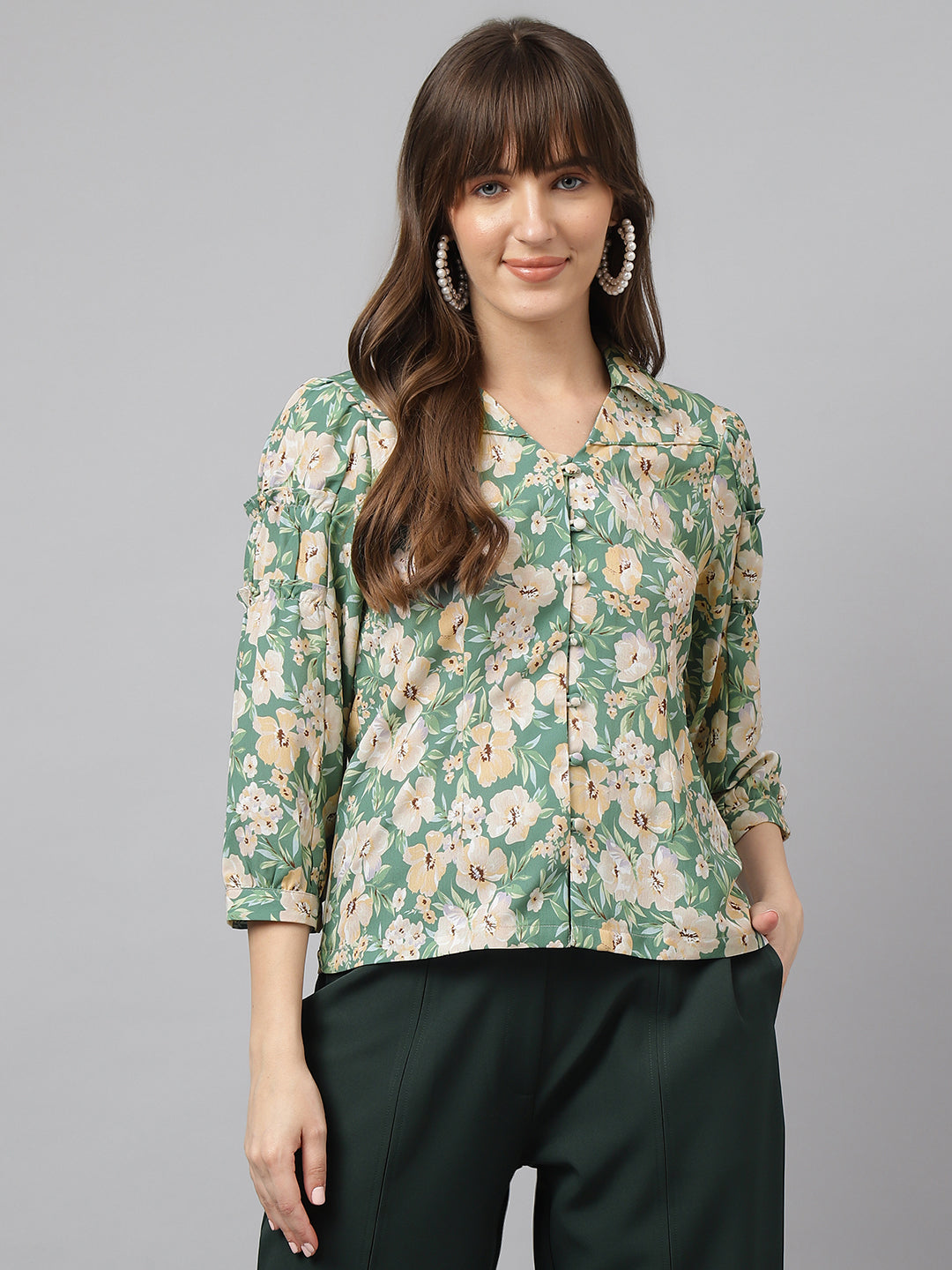 Latin Quarters Women'S Green Printed Collared 3/4Th Sleeve Casual Shirt