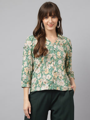 Latin Quarters Women'S Green Printed Collared 3/4Th Sleeve Casual Shirt