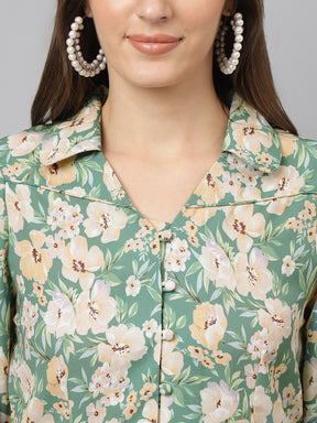 Latin Quarters Women'S Green Printed Collared 3/4Th Sleeve Casual Shirt