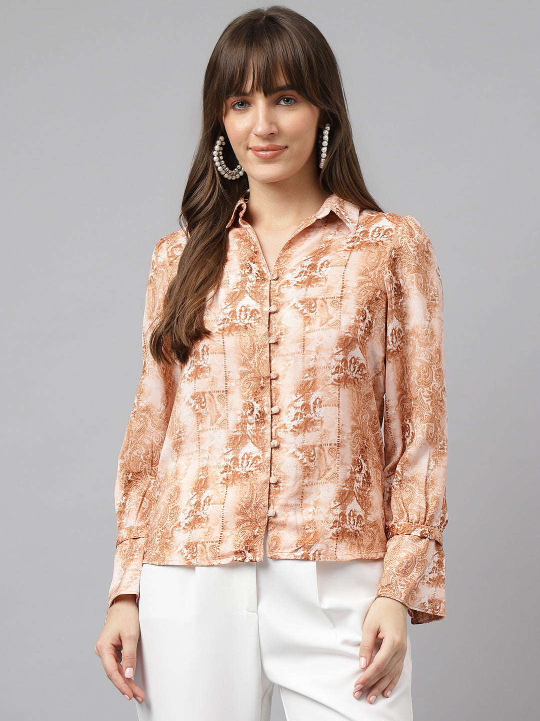 Brown Full Sleeve Spread Collar Printed Shirt For Casual Wear
