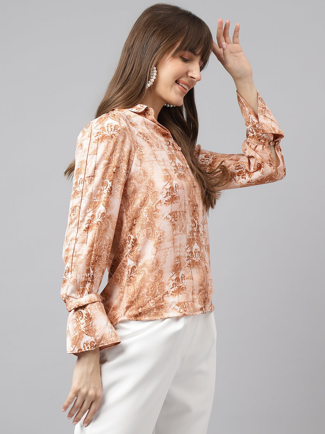 Brown Full Sleeve Spread Collar Printed Shirt For Casual Wear