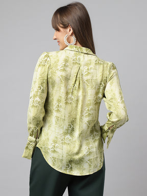Green Full Sleeve Spread Collar Printed Shirt For Casual Wear