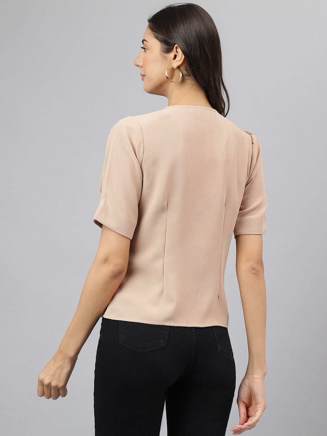 Beige Solid Half Sleeves Casual Top