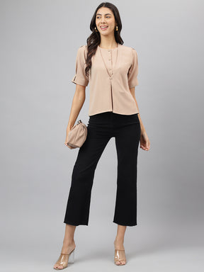 Beige Solid Half Sleeves Casual Top