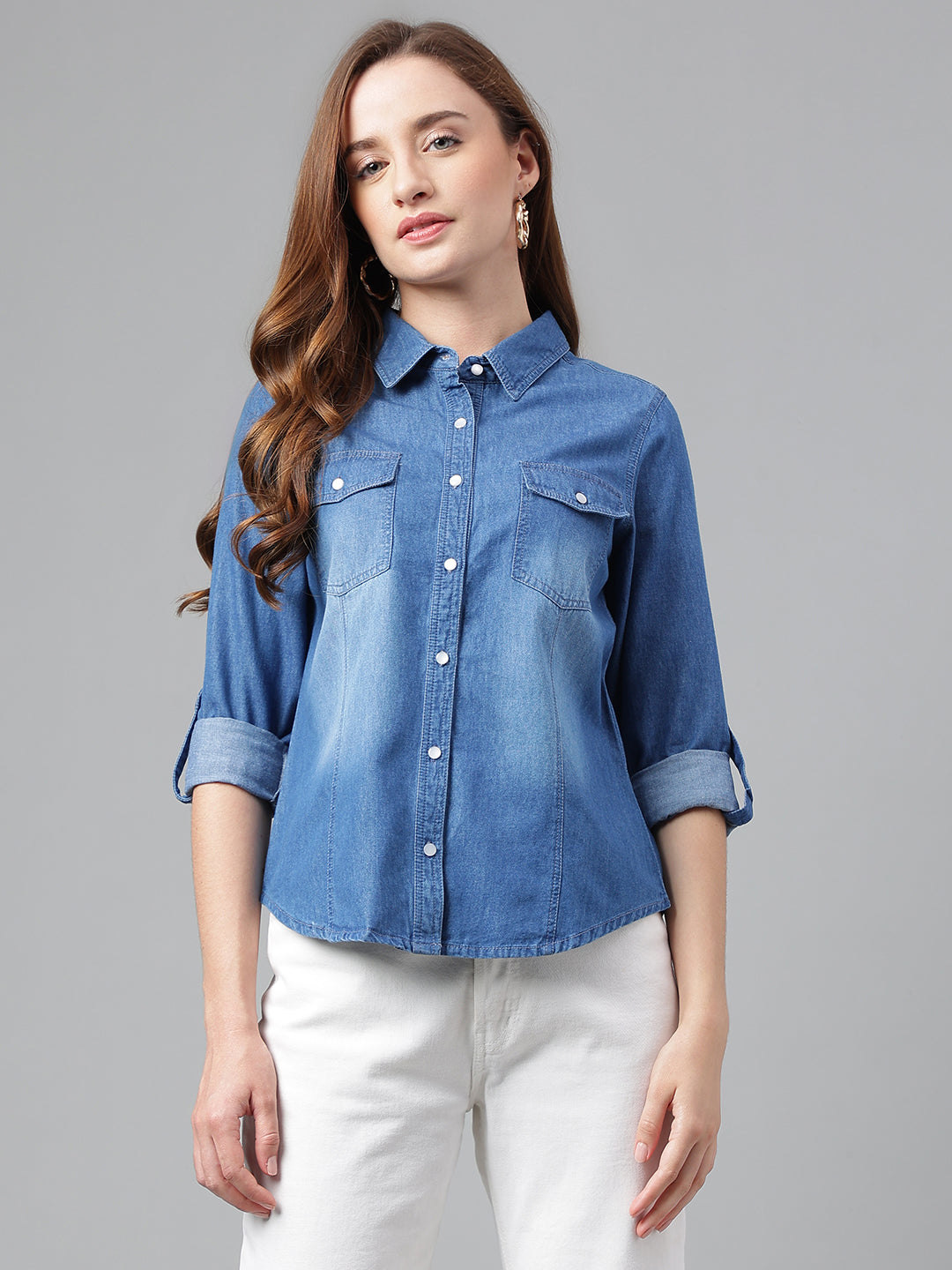 Blue Shirt Collar Long Sleeves Checked Top For Casual Wear