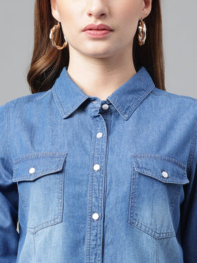 Blue Shirt Collar Long Sleeves Checked Top For Casual Wear